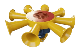 SIRENE INDUSTRIAL ROBUSTA COM MOTOR MONO OU TRIFÁSICO E 8 CONES DE PROPAGAÇÃO